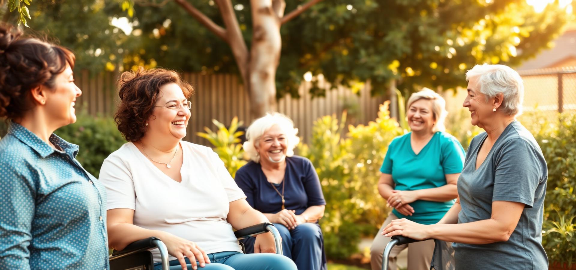 Diverse group of participants and support workers chatting cheerfully in a community garden