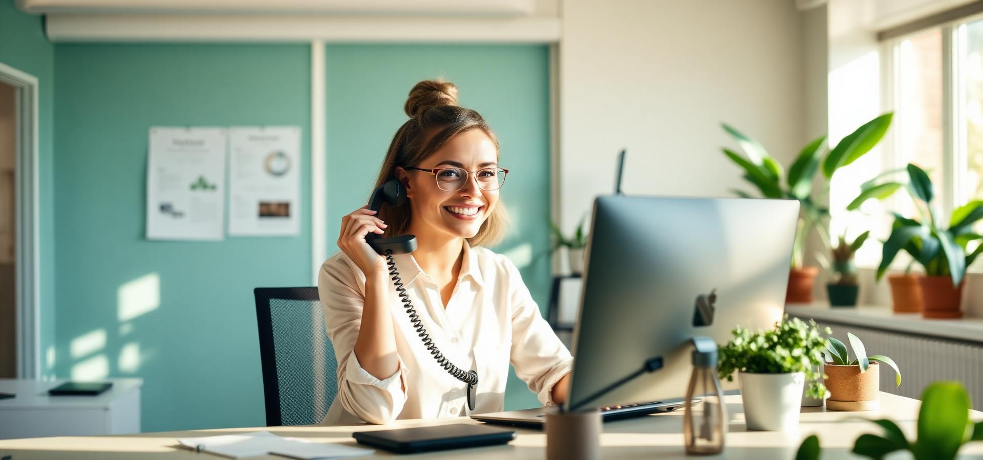 Smiling support coordinator on the phone in a bright welcoming office