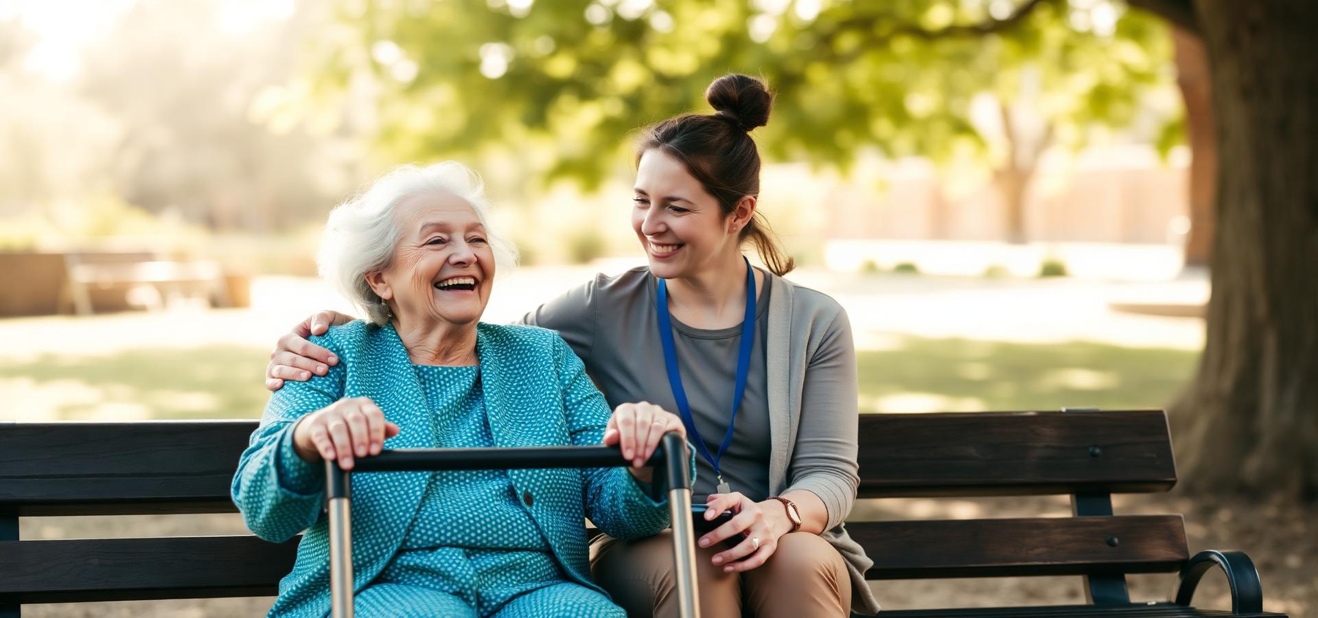 Older woman with a walking frame laughing with her support worker at a sunny park bench