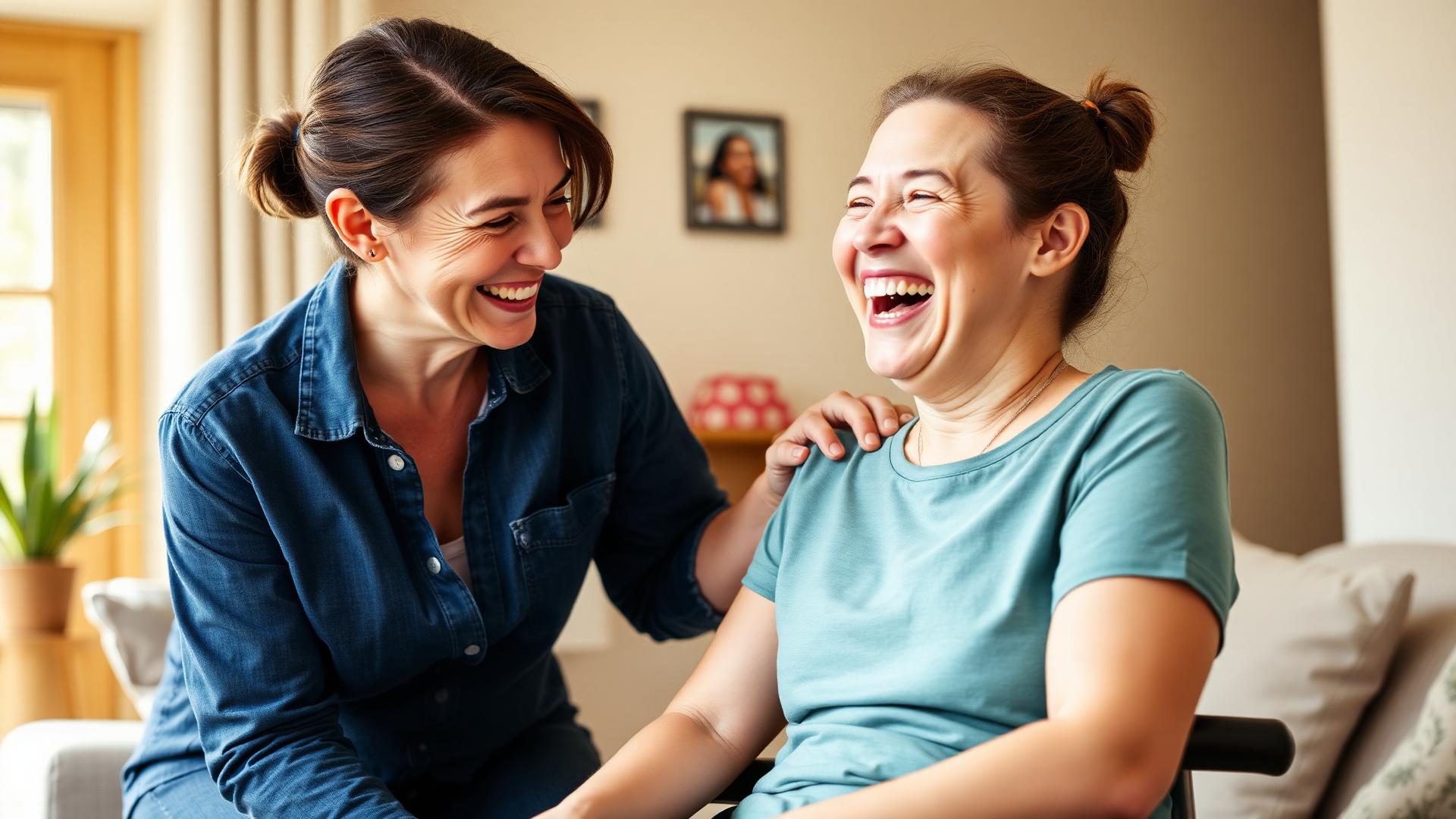Support worker and NDIS participant laughing together on a bright Australian veranda