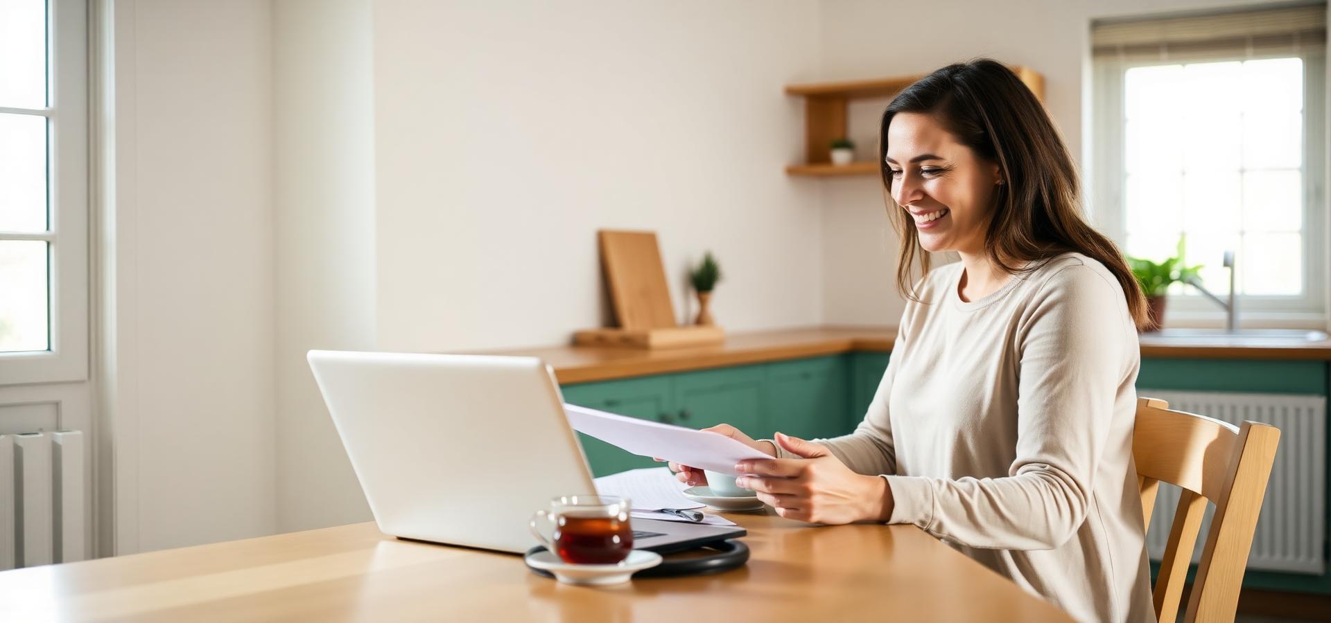 Support worker smiling while reviewing paperwork at a bright kitchen table