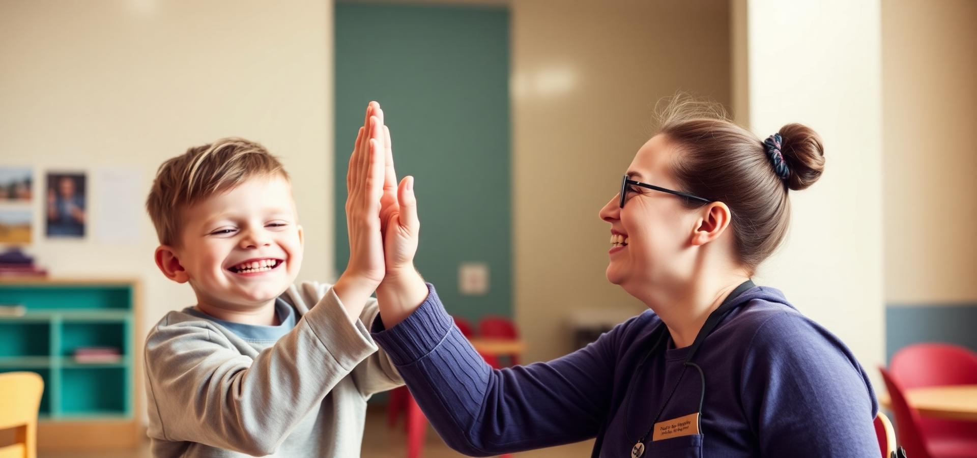 Young boy high-fiving his cheerful support worker in a community centre